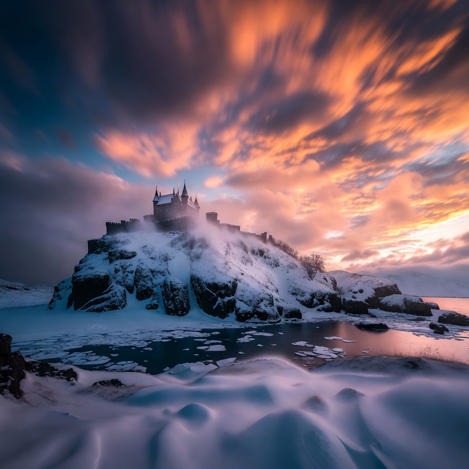 Snowy Castle on Rocky Island at Sunset Snowy Castle on Rocky Island at Sunset