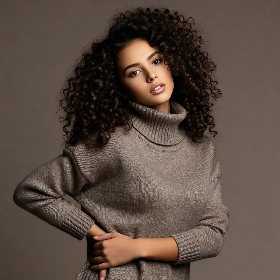 Woman with curly hair in turtleneck sweater Woman with curly hair in turtleneck sweater