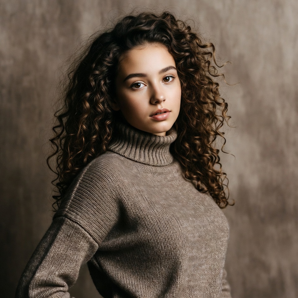 Young woman with curly hair in turtleneck Young woman with curly hair in turtleneck