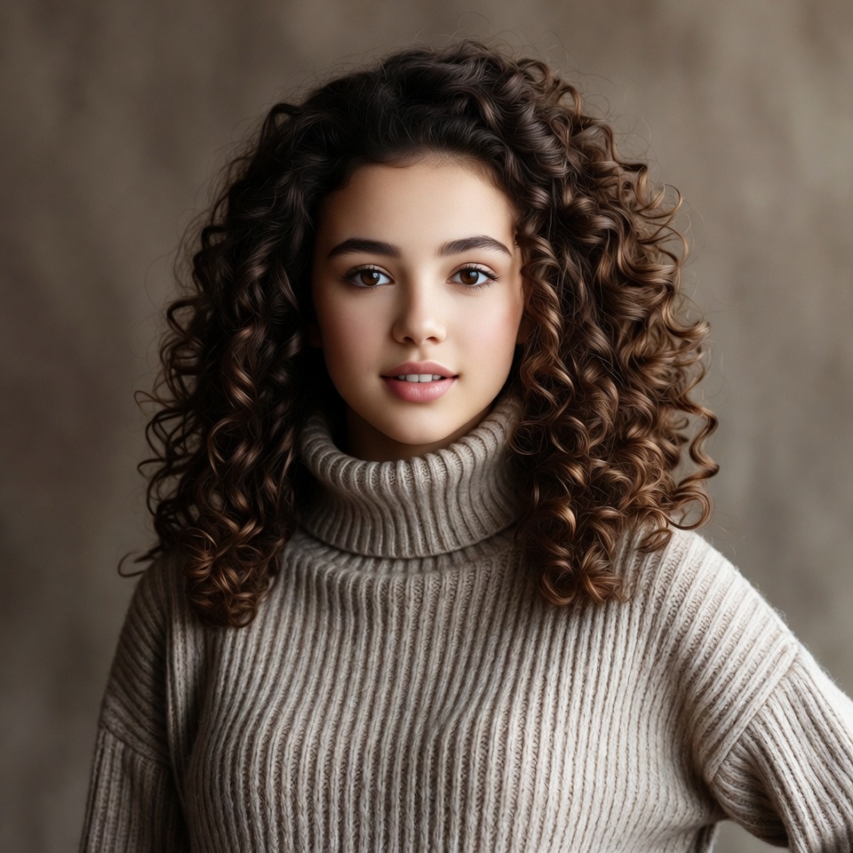 Teen girl with curly hair in turtleneck Teen girl with curly hair in turtleneck