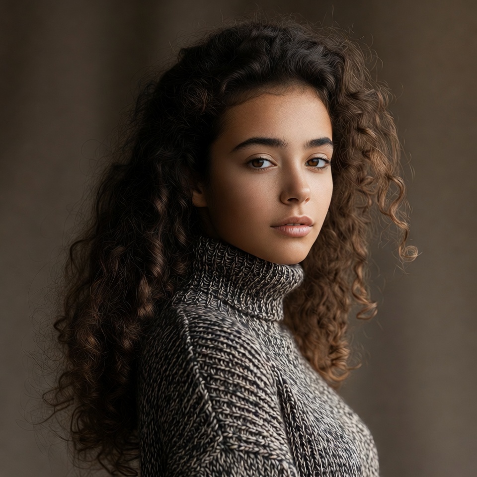 Young woman with curly hair in sweater Young woman with curly hair in sweater