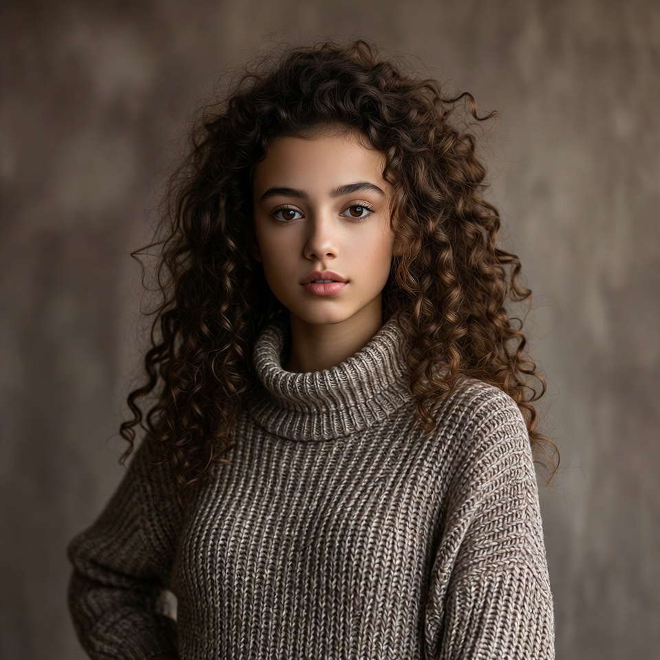 Young woman with curly hair in turtleneck Young woman with curly hair in turtleneck