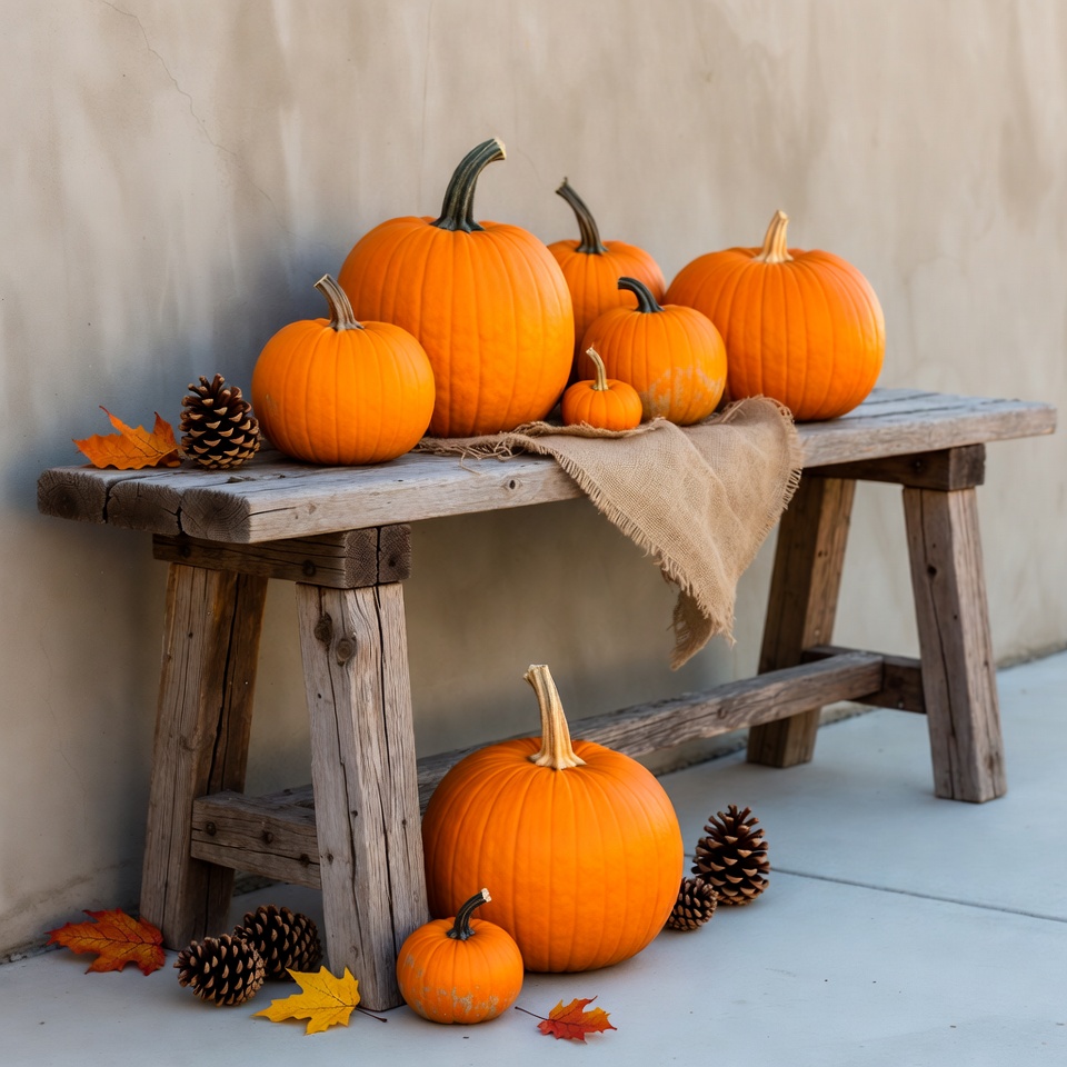 Pumpkins on Wooden Bench Pumpkins on Wooden Bench