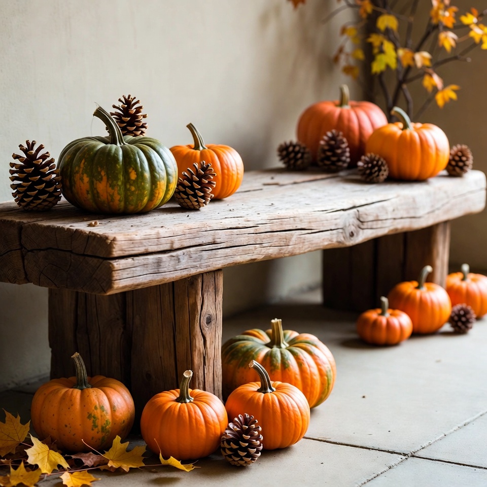 Pumpkins and Pinecones on Wooden Bench Pumpkins and Pinecones on Wooden Bench