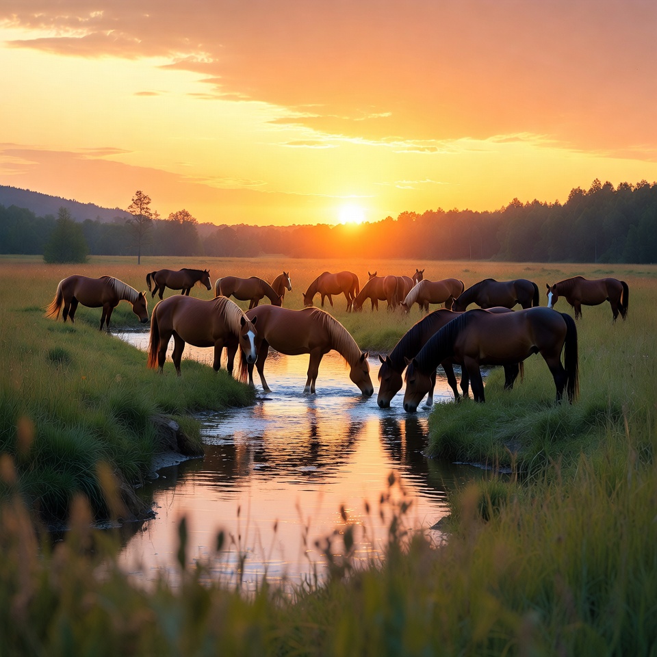 Horses drinking at sunset stream Horses drinking at sunset stream