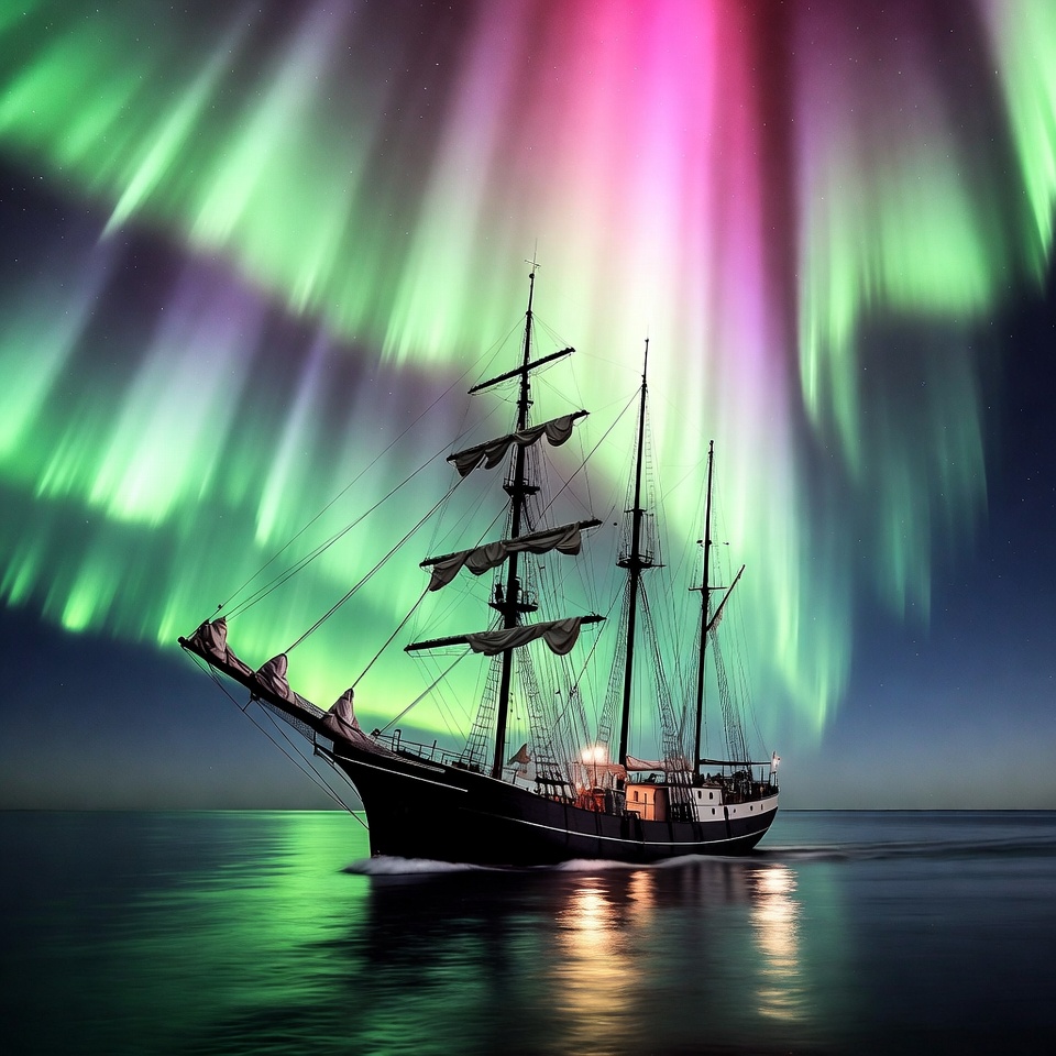 Sailing Ship Under Northern Lights Sailing Ship Under Northern Lights