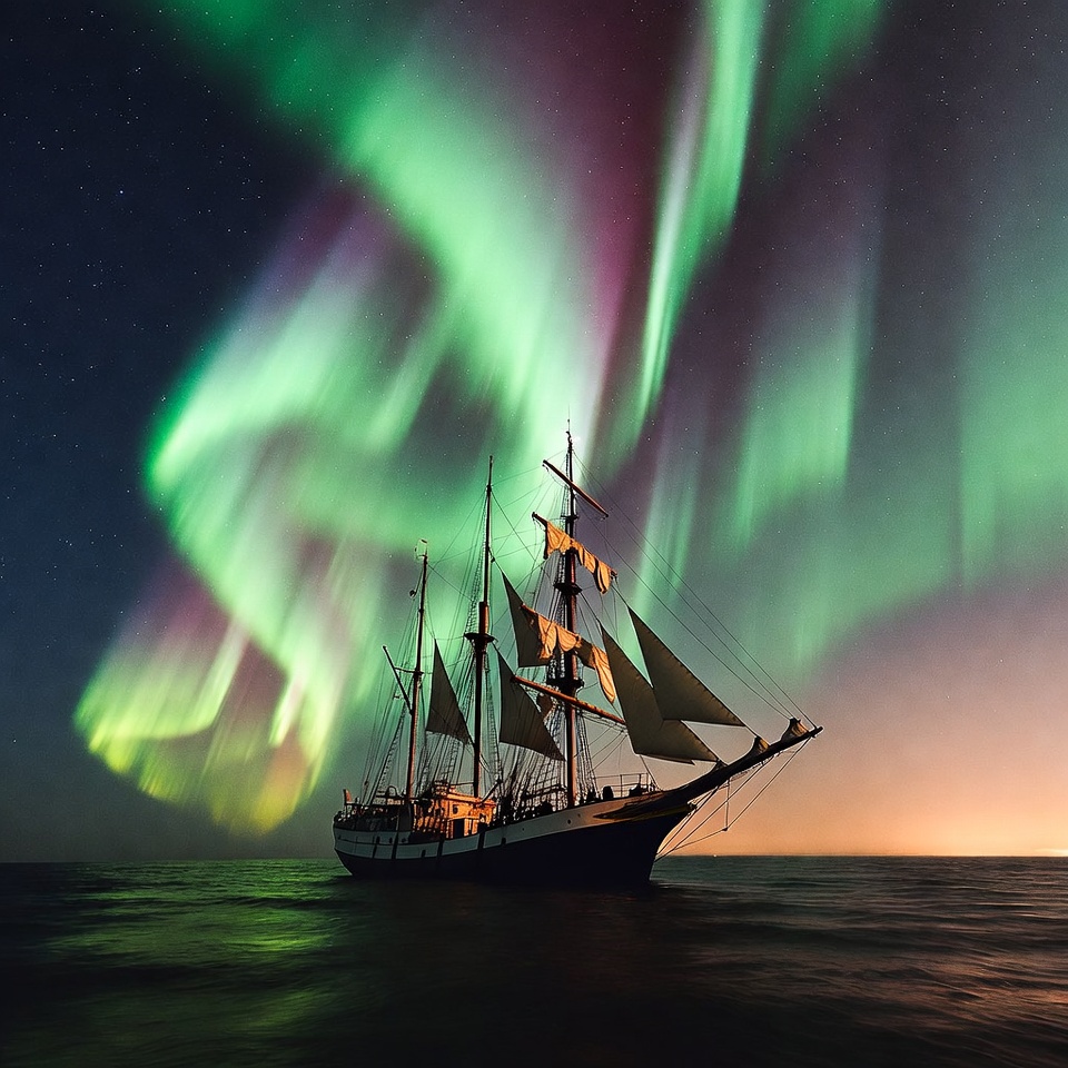 Sailing Ship Under Northern Lights Sailing Ship Under Northern Lights