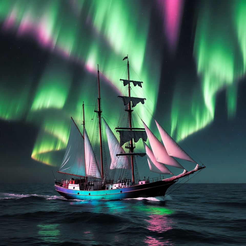 Sailing Ship Under Northern Lights Sailing Ship Under Northern Lights