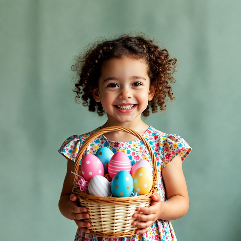 Girl holding Easter basket with eggs Girl holding Easter basket with eggs