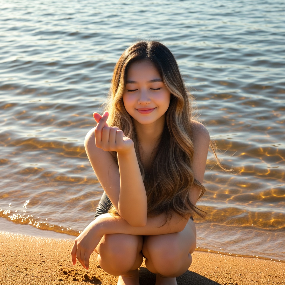 Asian woman making heart gesture at beach Asian woman making heart gesture at beach