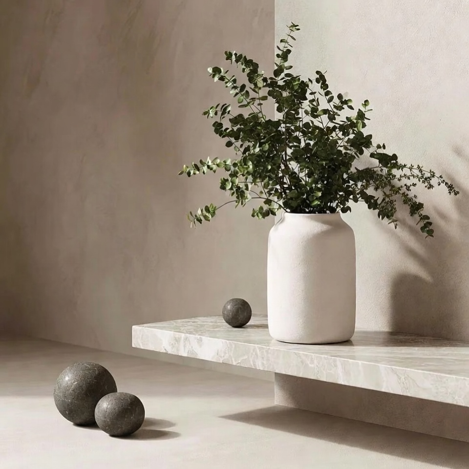 White vase with eucalyptus on marble shelf White vase with eucalyptus on marble shelf