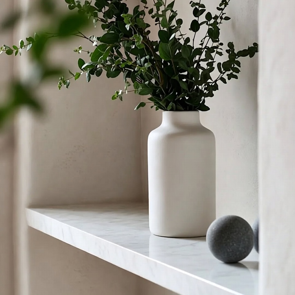 White vase with eucalyptus on marble shelf White vase with eucalyptus on marble shelf