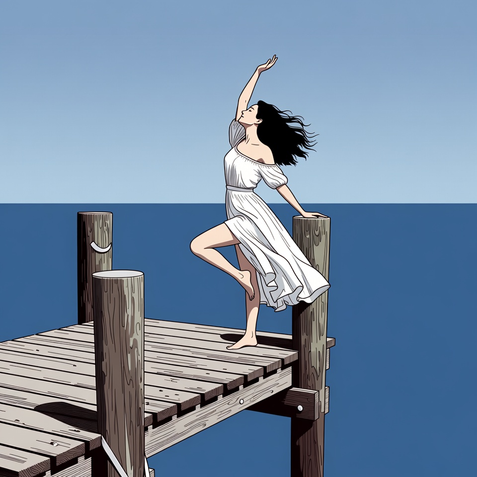 Woman dancing on pier over ocean Woman dancing on pier over ocean