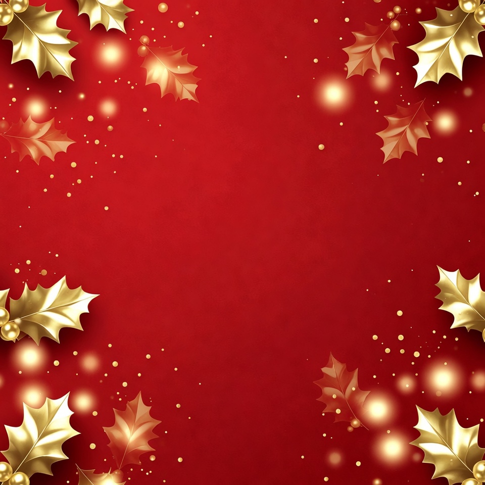 Golden Holly Leaves on Red Background Golden Holly Leaves on Red Background