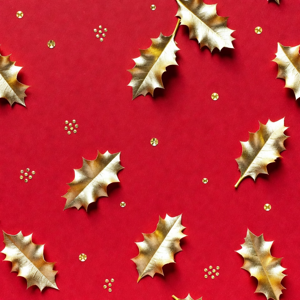 Gold Holly Leaves on Red Background Gold Holly Leaves on Red Background