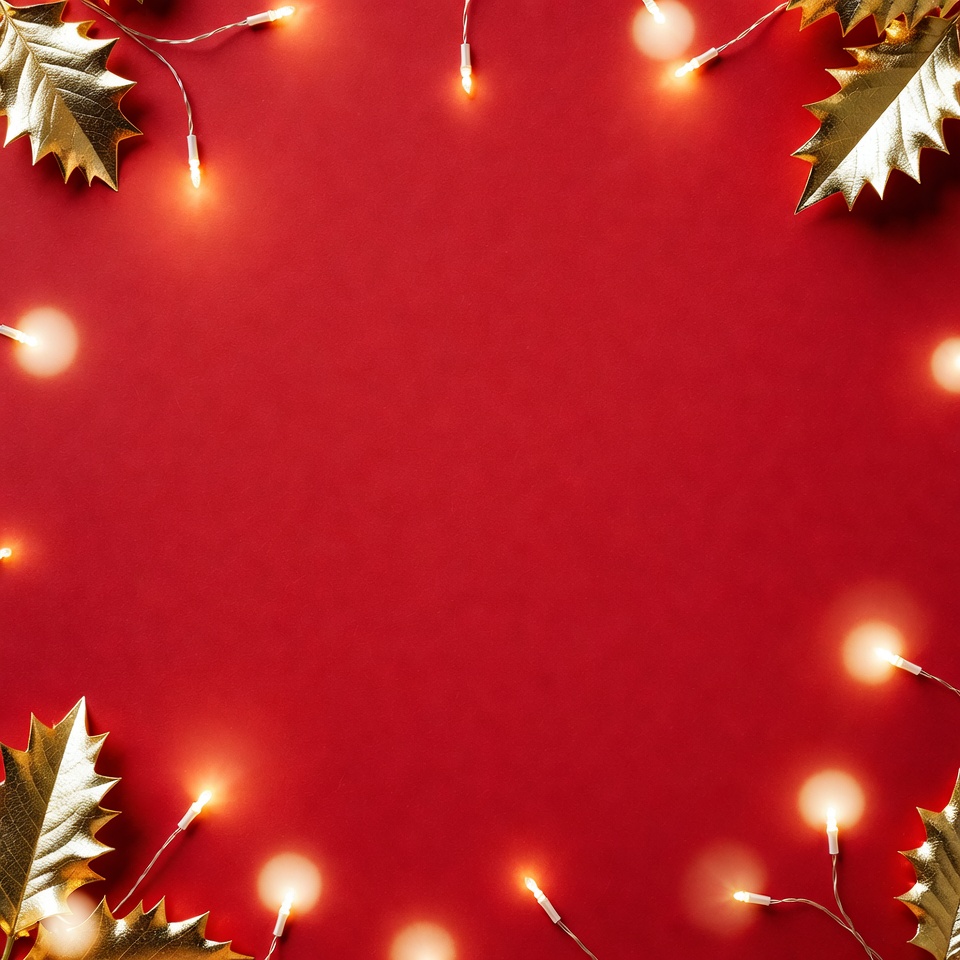 Gold Holly Leaves and Fairy Lights on Red Background Gold Holly Leaves and Fairy Lights on Red Background