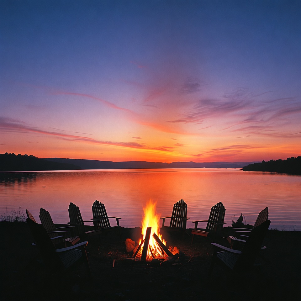 Adirondack chairs around campfire at sunset lake Adirondack chairs around campfire at sunset lake