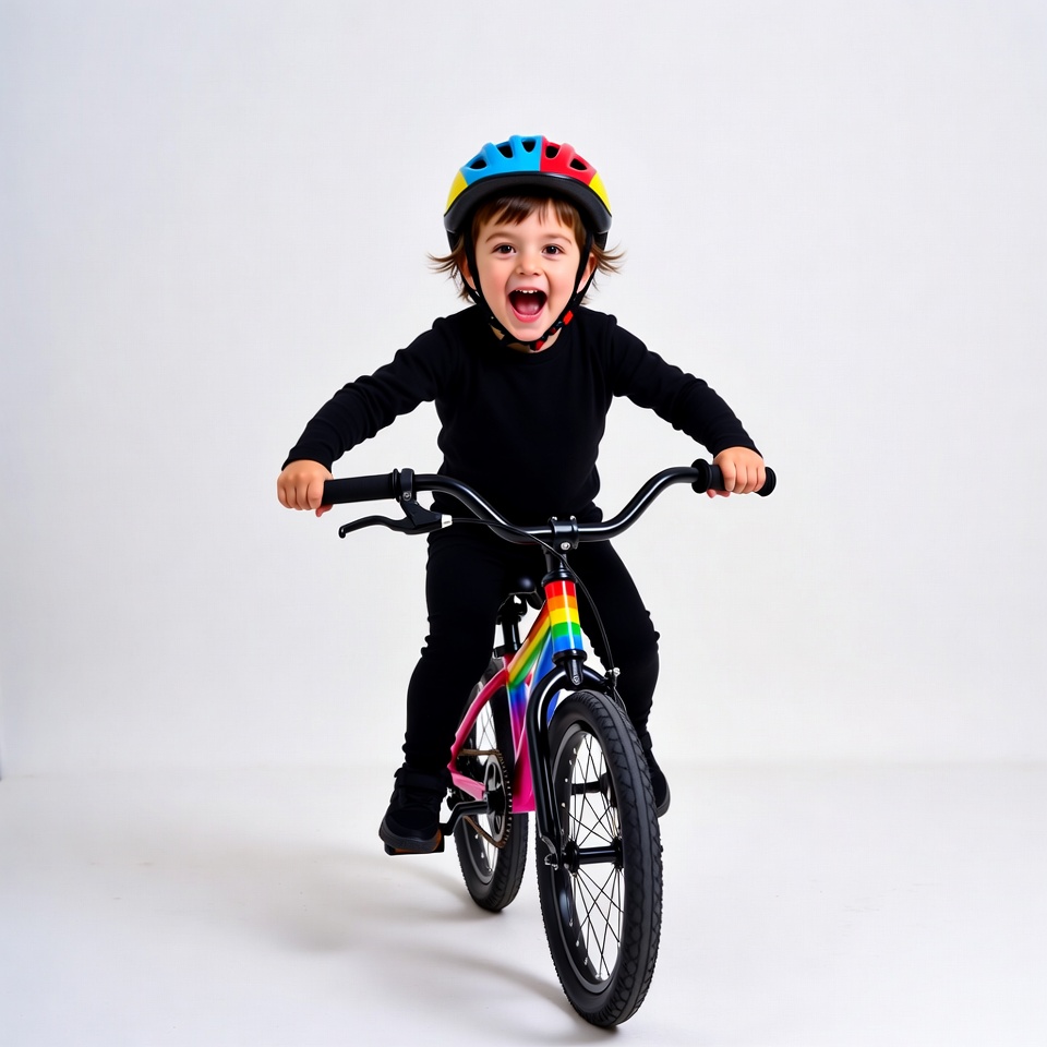 Boy riding rainbow balance bike Boy riding rainbow balance bike