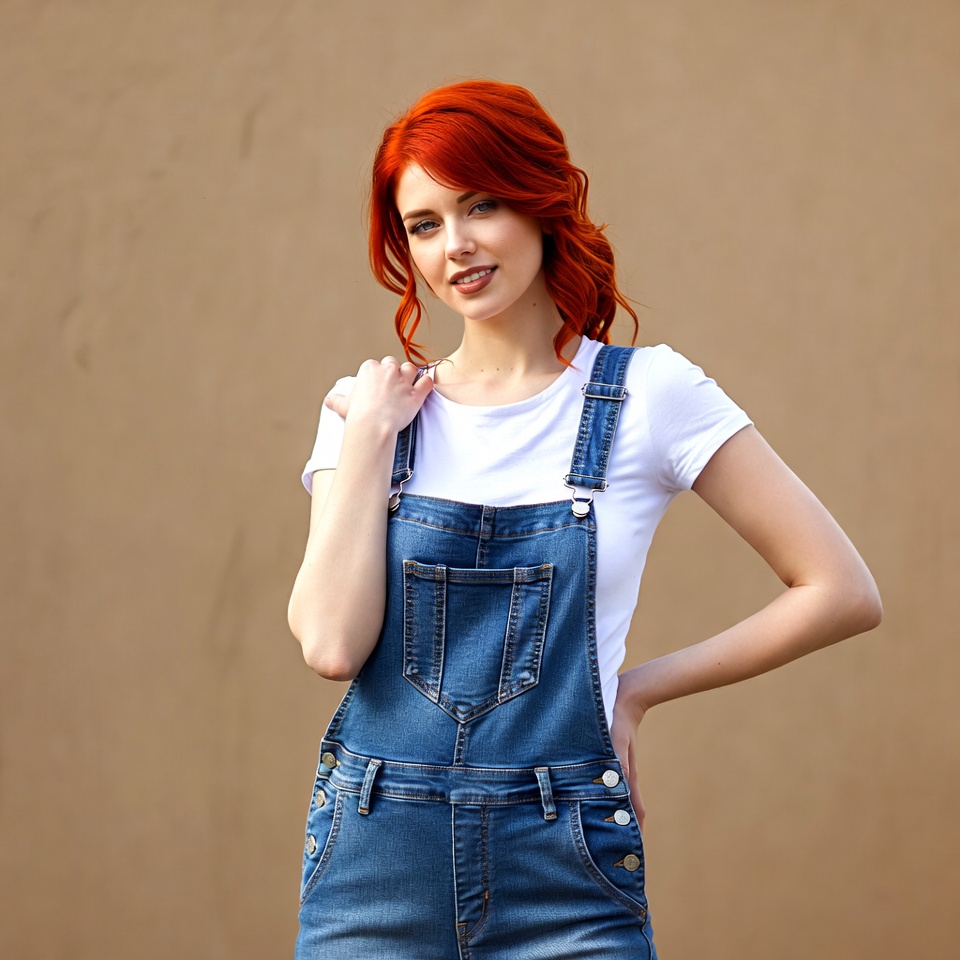 Redhead woman in denim overalls Redhead woman in denim overalls