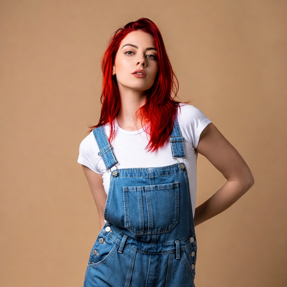 Redhead woman in blue overalls Redhead woman in blue overalls