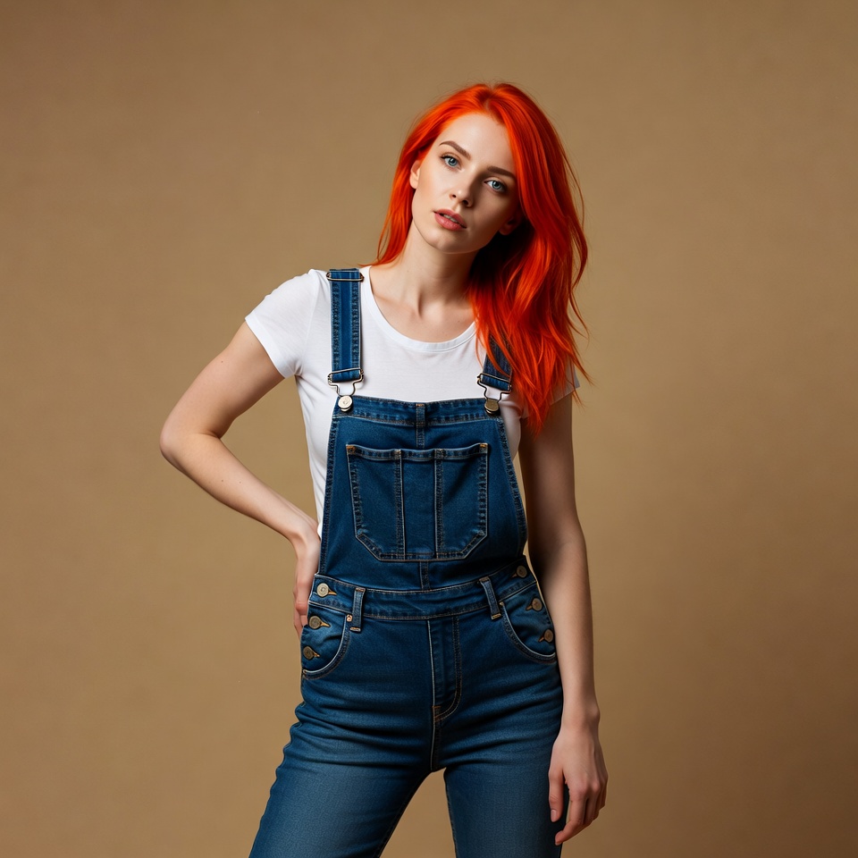 Woman with red hair in denim overalls Woman with red hair in denim overalls