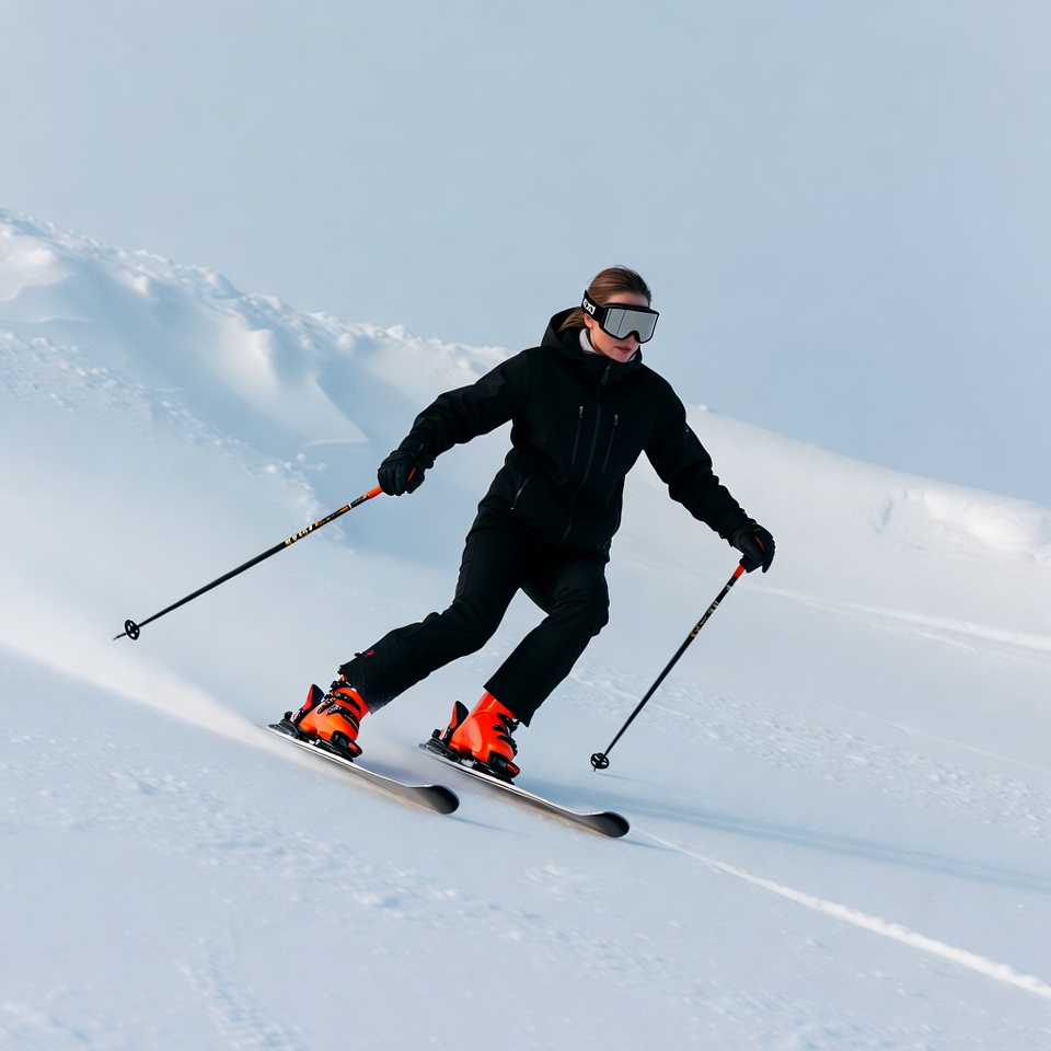 Woman skiing down snowy slope Woman skiing down snowy slope