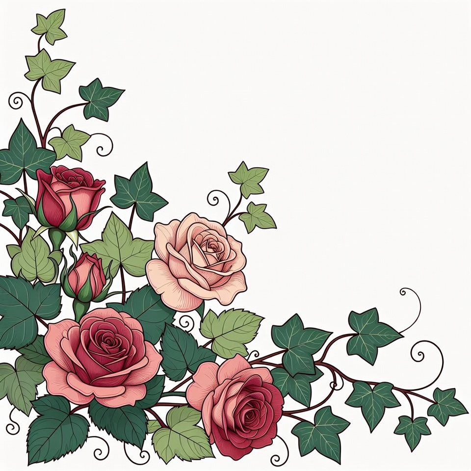 Pink Roses and Ivy Corner Illustration Pink Roses and Ivy Corner Illustration
