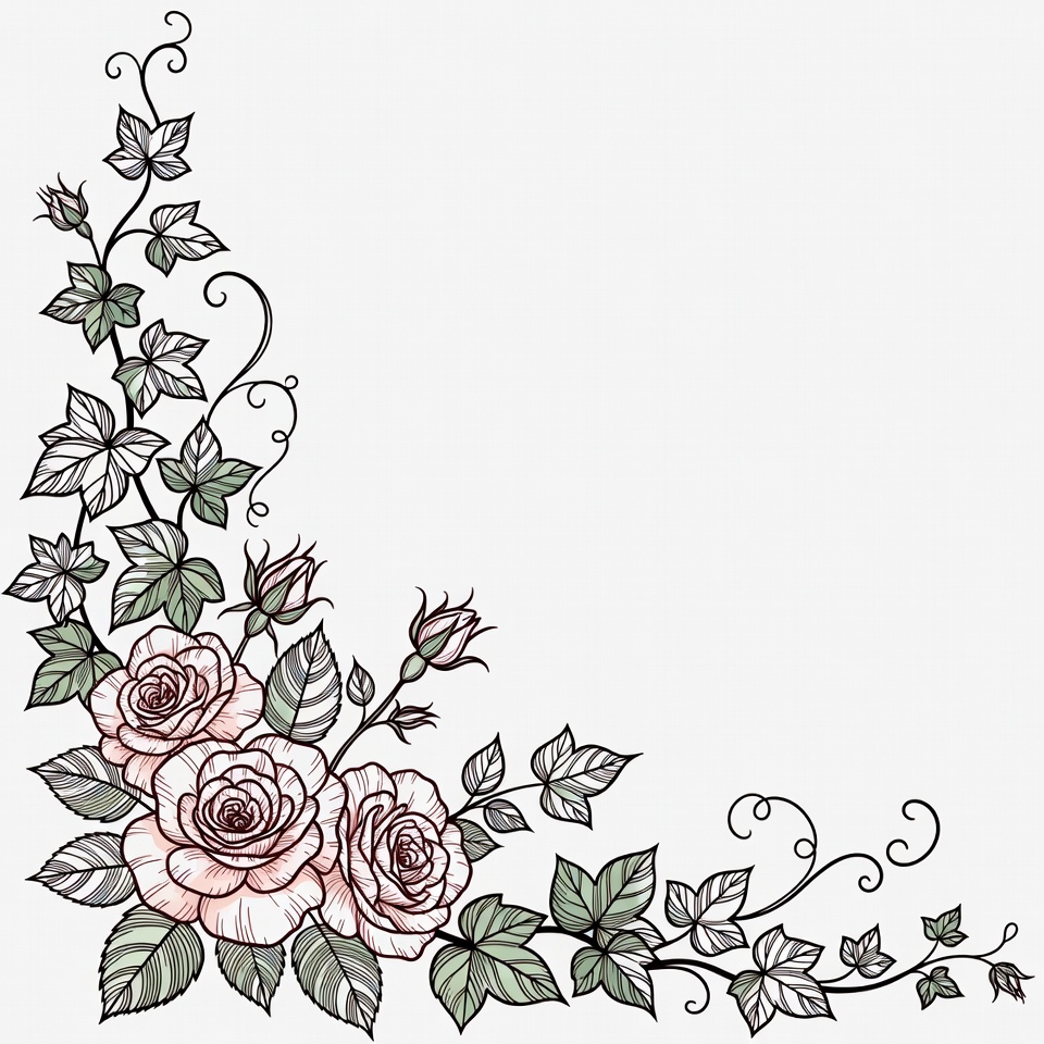 Pink Roses and Ivy Corner Illustration Pink Roses and Ivy Corner Illustration