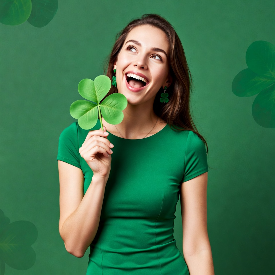 Woman holding four-leaf clover Woman holding four-leaf clover