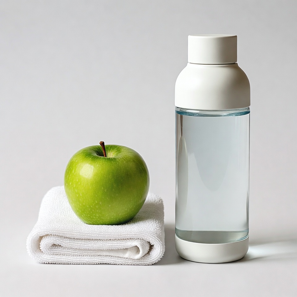 Green apple with water bottle towel Green apple with water bottle towel