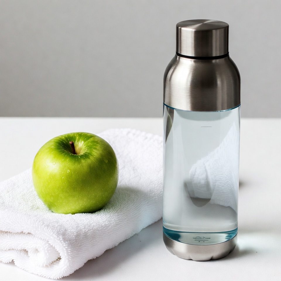 Green Apple with Water Bottle and Towel Green Apple with Water Bottle and Towel