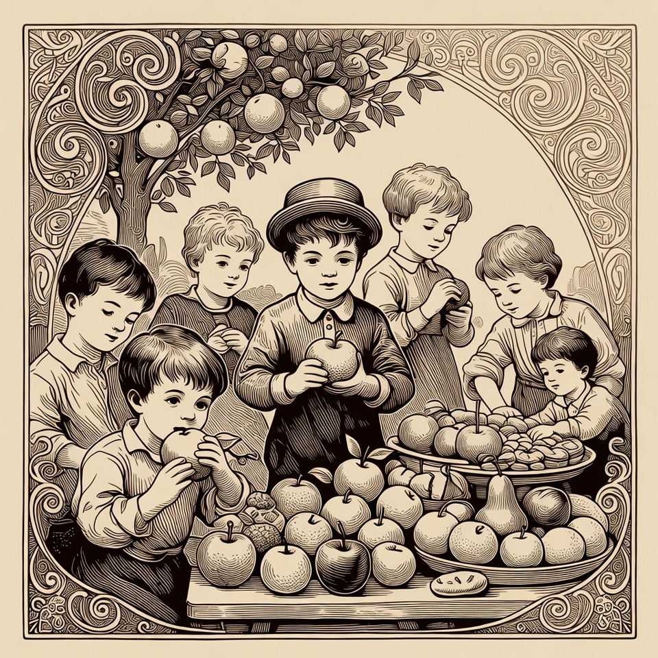 Boys harvesting apples vintage illustration Boys harvesting apples vintage illustration