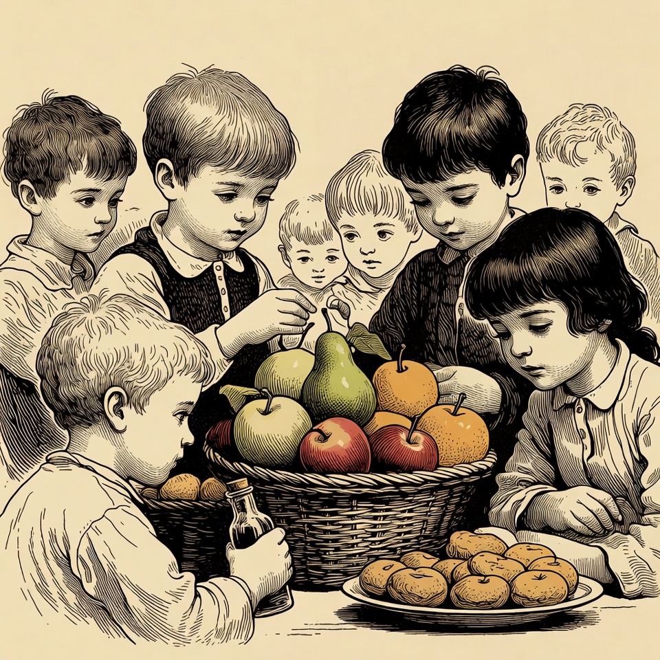 Children gathered around fruit basket Children gathered around fruit basket
