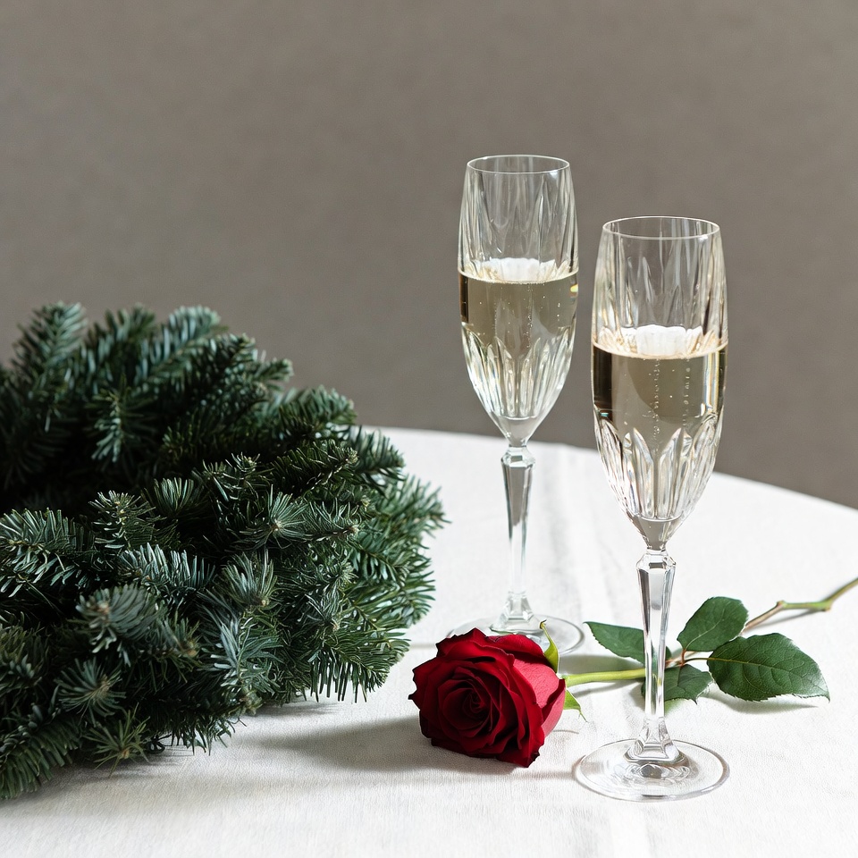 Two champagne glasses with wreath and rose Two champagne glasses with wreath and rose