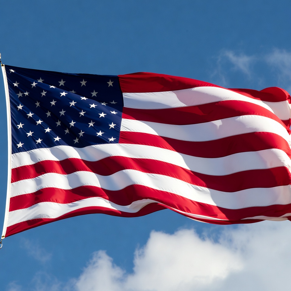 American flag waving in blue sky American flag waving in blue sky