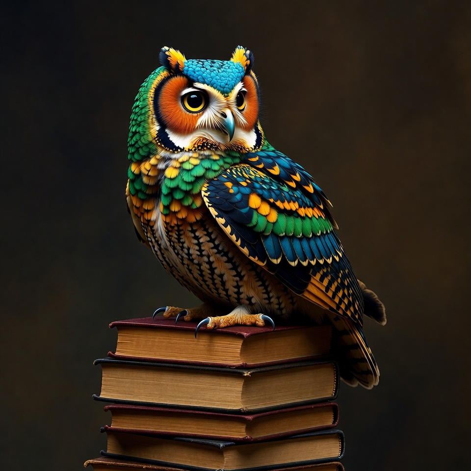 Colorful Owl Perched on Books Colorful Owl Perched on Books