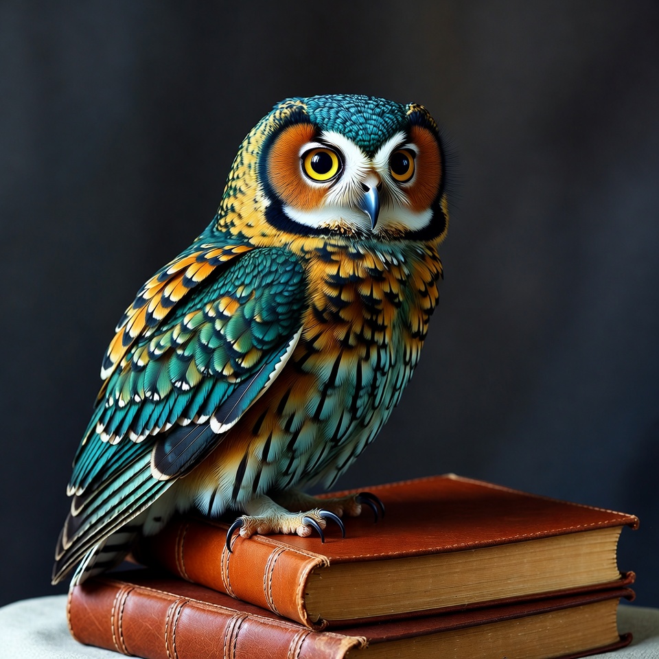 Colorful Owl Perched on Books Colorful Owl Perched on Books