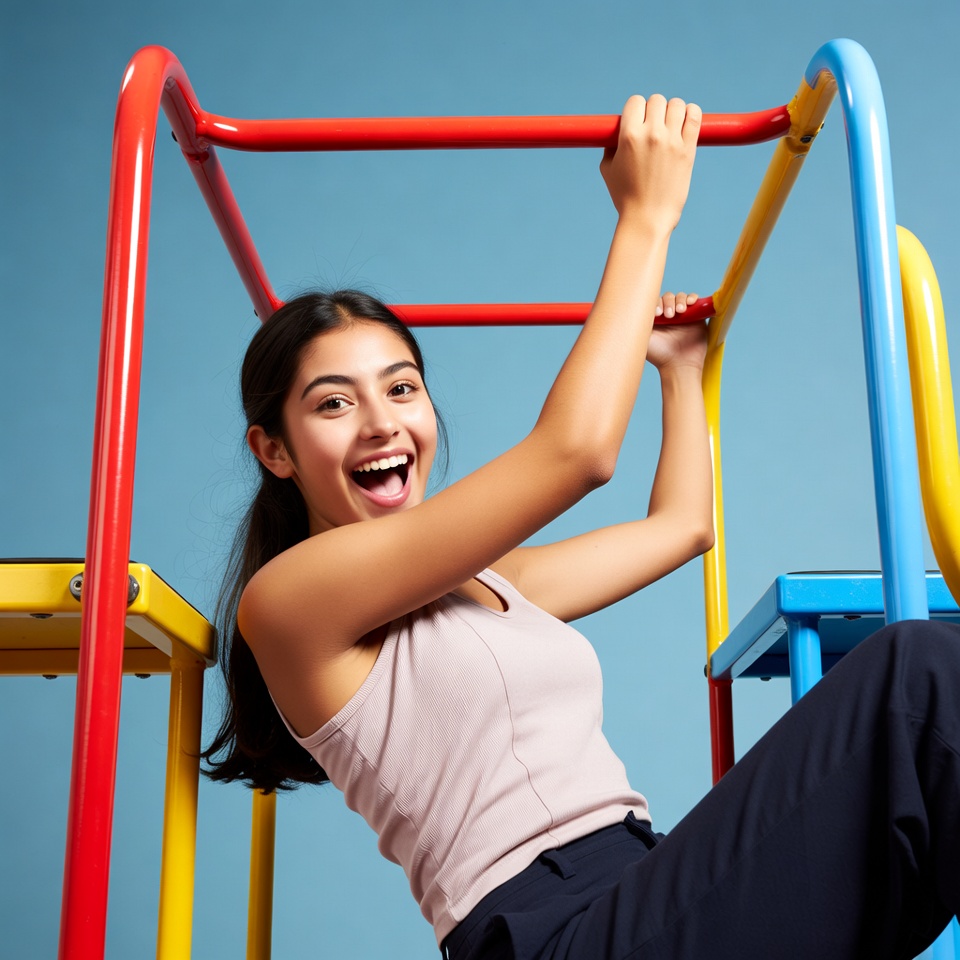 Girl hanging on colorful playground bars Girl hanging on colorful playground bars
