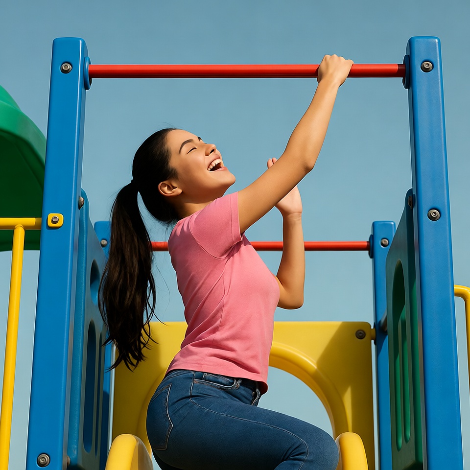 Young woman climbing playground monkey bars Young woman climbing playground monkey bars