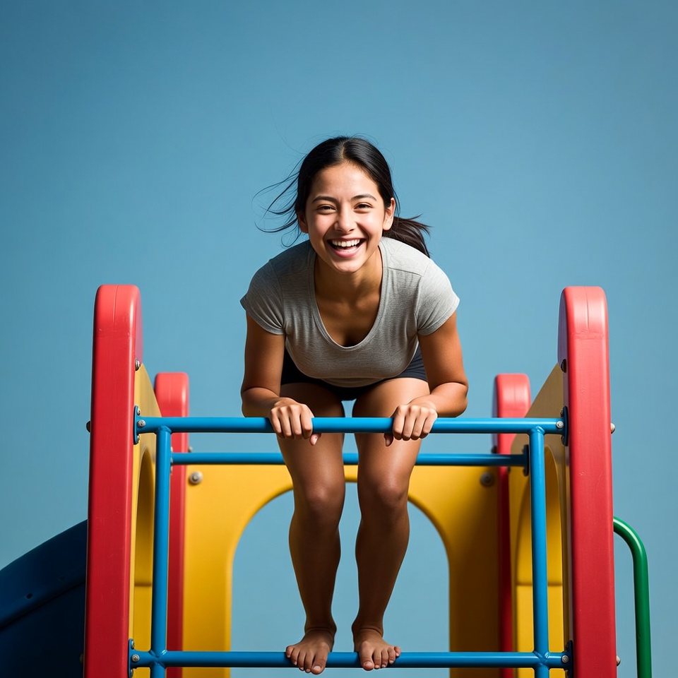 Asian woman smiling on playground bars Asian woman smiling on playground bars