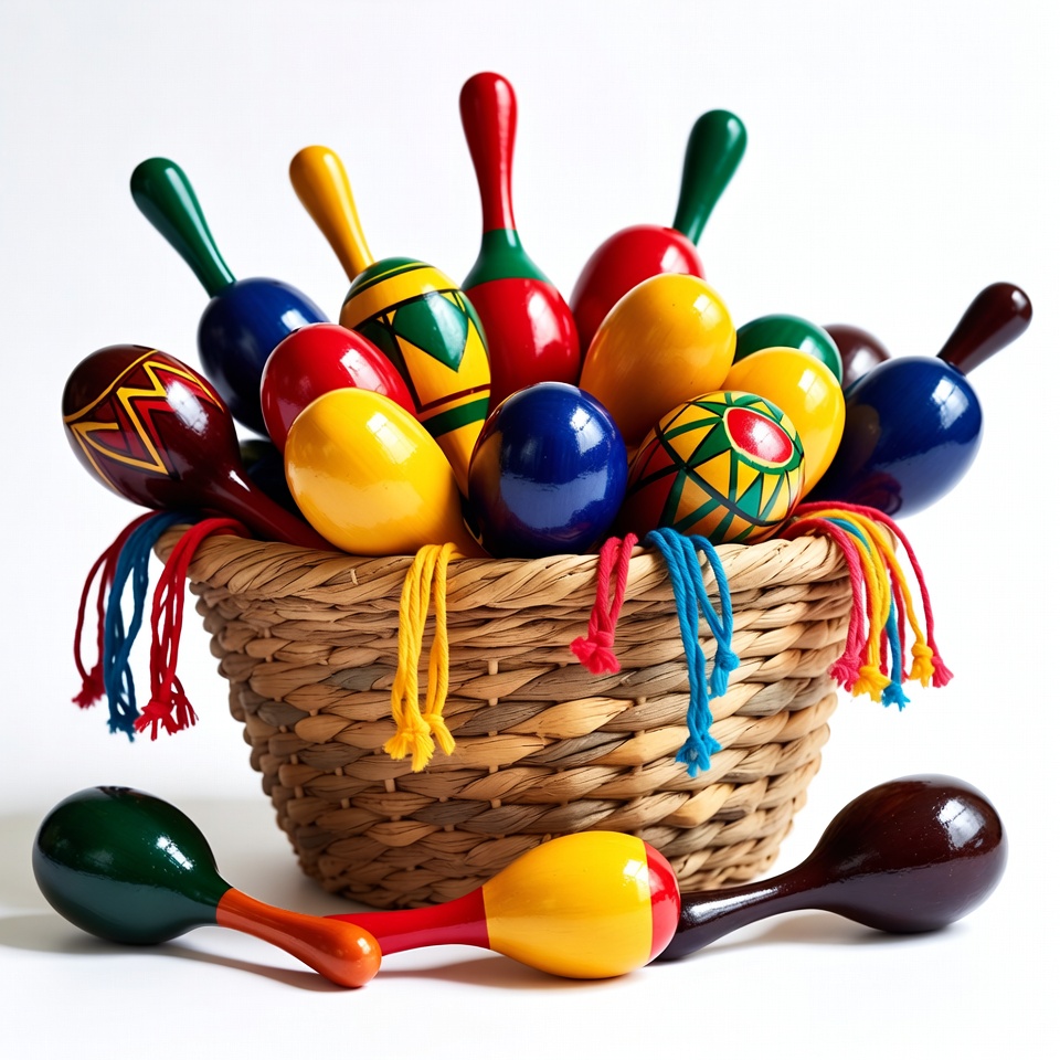 Colorful Maracas in Wicker Basket Colorful Maracas in Wicker Basket