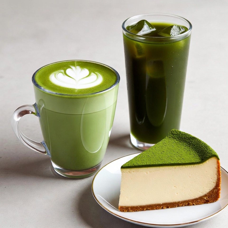 Matcha Latte, Iced Tea, Cheesecake Matcha Latte, Iced Tea, Cheesecake
