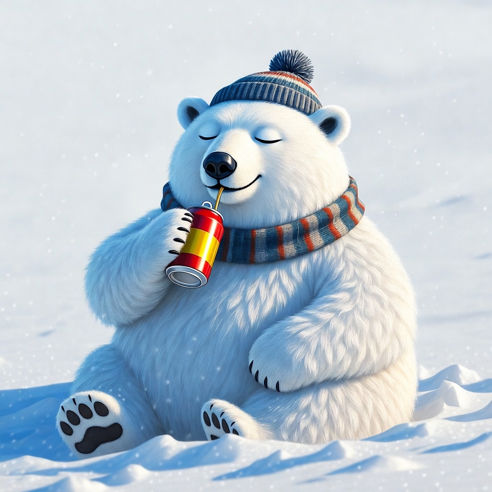 Polar bear drinking soda in snow Polar bear drinking soda in snow