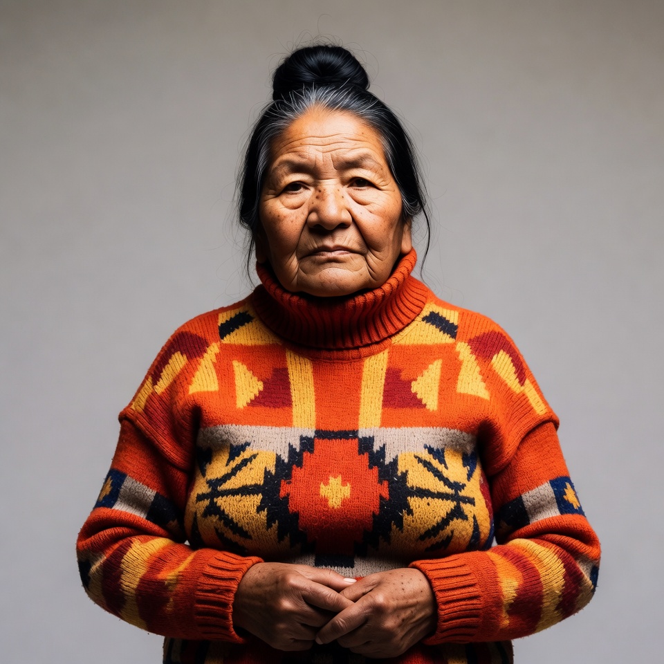 Indigenous woman in colorful geometric sweater Indigenous woman in colorful geometric sweater