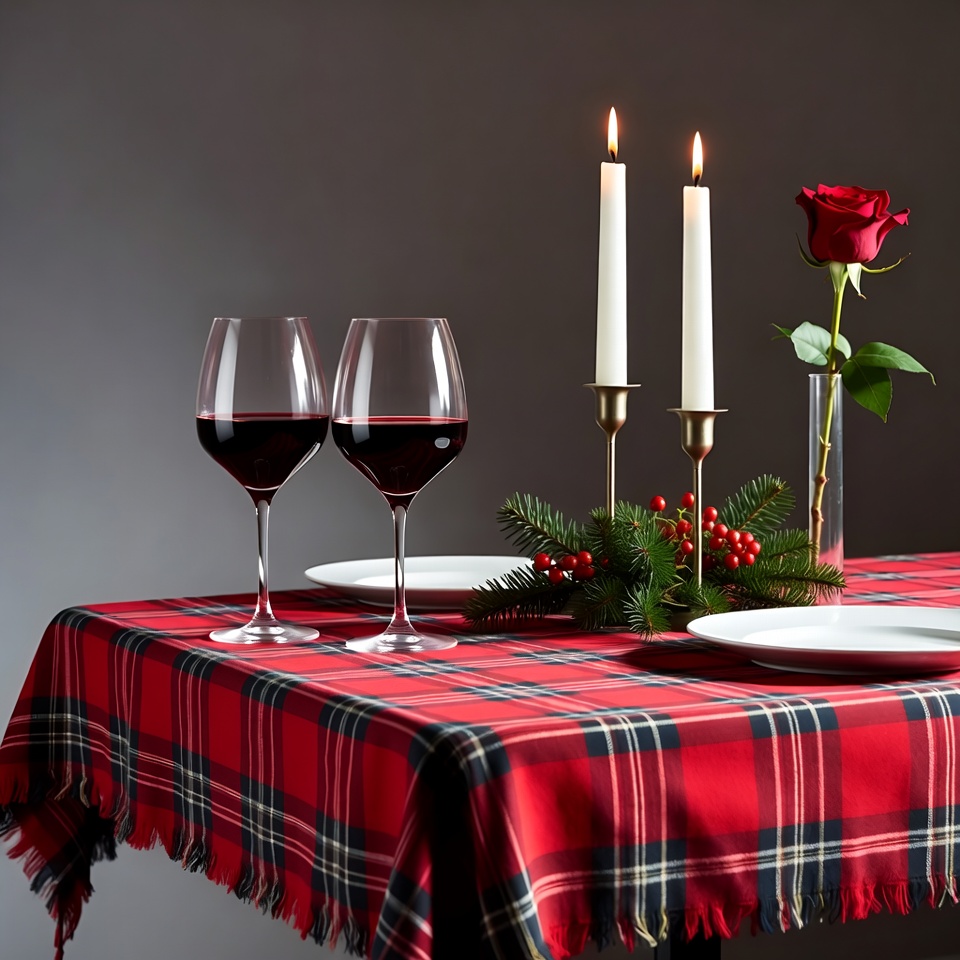 Red Wine Glasses and Candles on Plaid Table Red Wine Glasses and Candles on Plaid Table