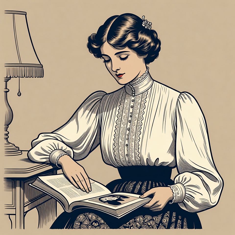 Victorian woman reading book by lamp Victorian woman reading book by lamp