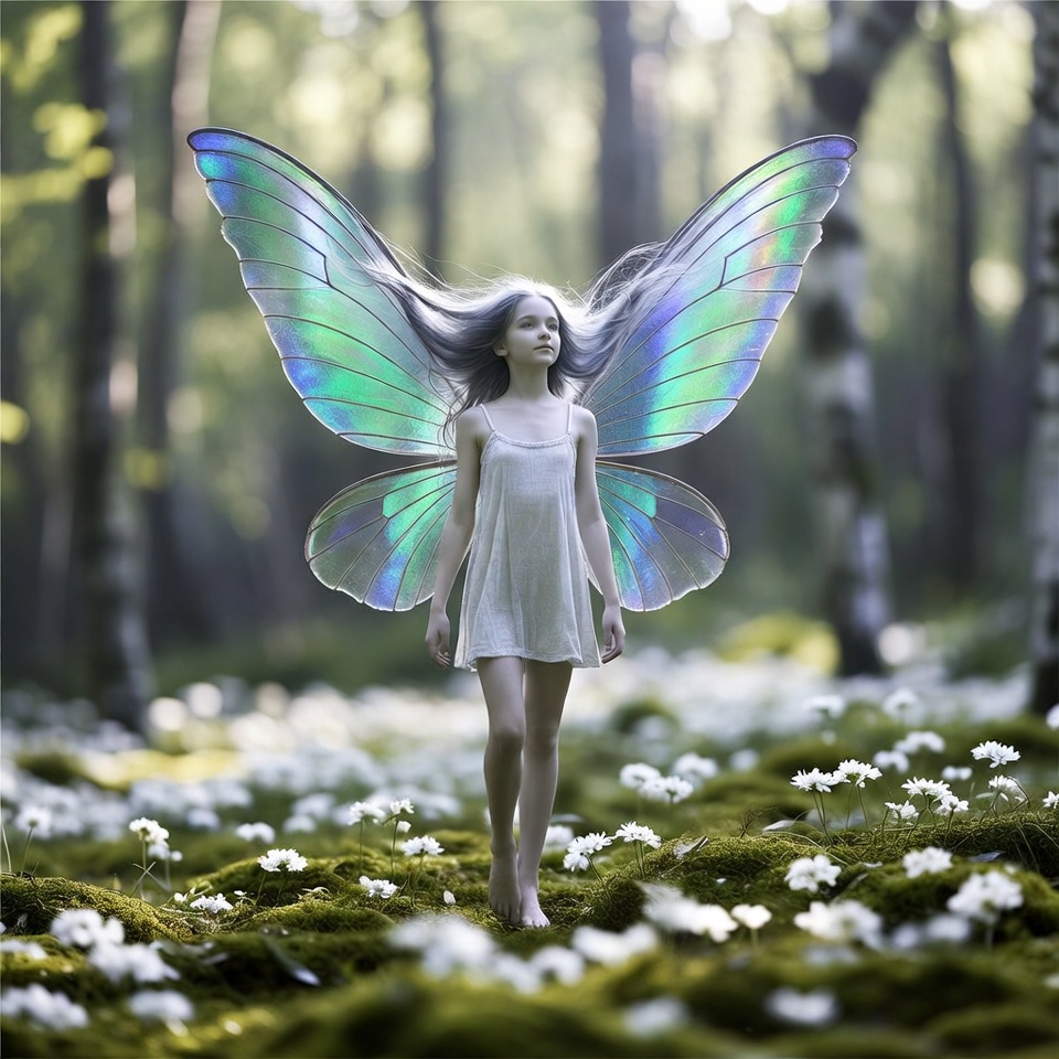 Girl with iridescent fairy wings in forest Girl with iridescent fairy wings in forest