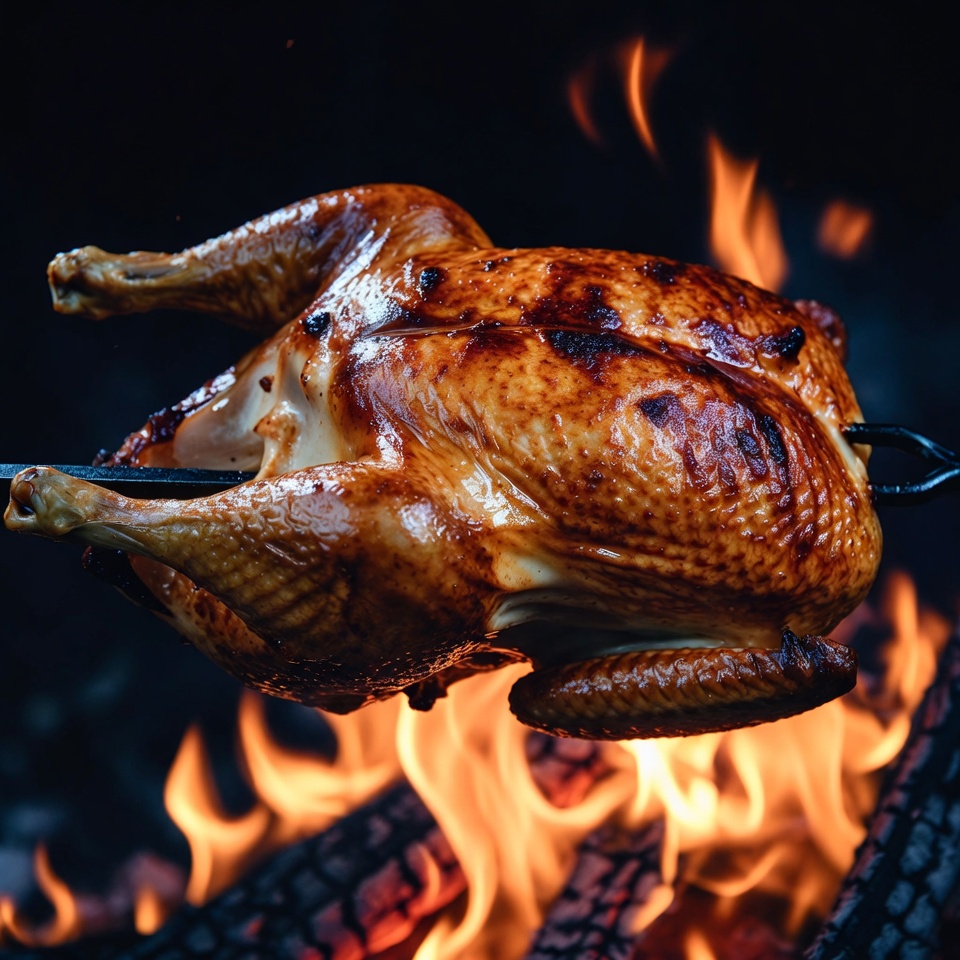 Roasted Chicken on Grill over Flames Roasted Chicken on Grill over Flames