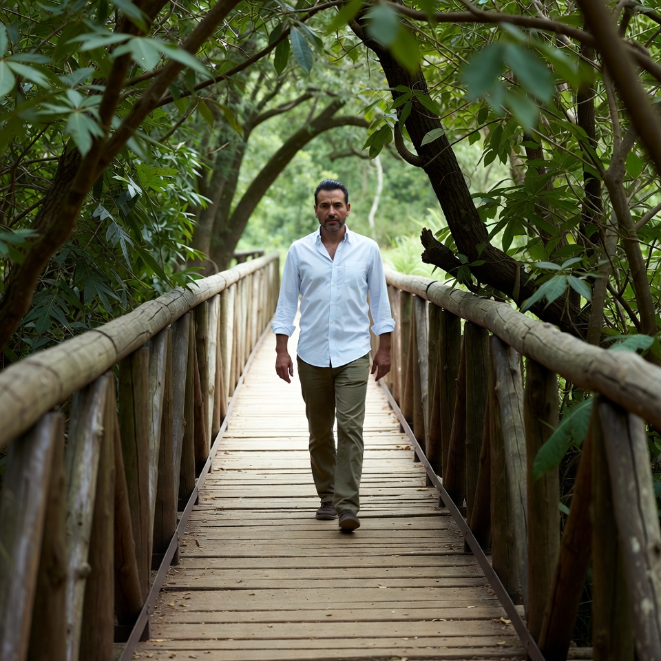 Man walking on wooden bridge in jungle Man walking on wooden bridge in jungle