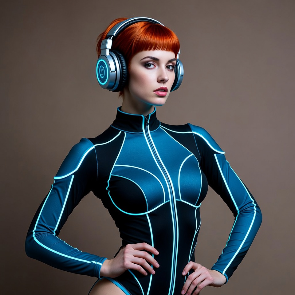 Woman with red hair wearing headphones Woman with red hair wearing headphones